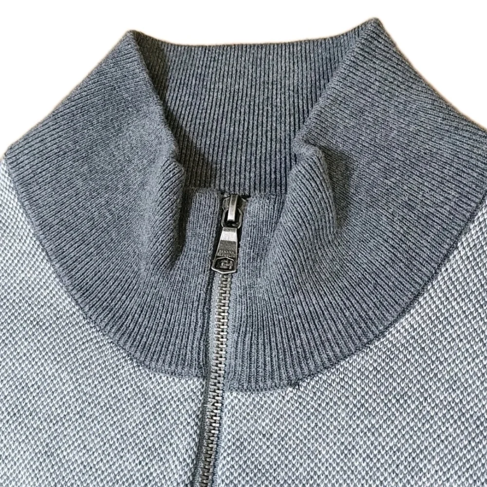 Banana Republic Cardigan Sweater XL Two Tone Gray Bird's Eye Knit Mock Neck Zip